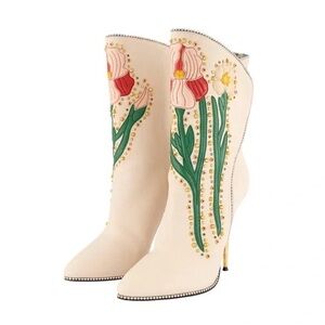 Gucci Cream Floral Heeled Boots